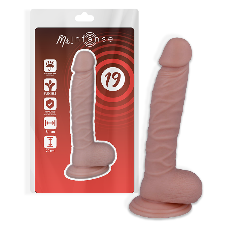 Intense Dildo Mr Intense 20cm, realistinen dildo, musta, valmistettu kestävästä materiaalista, kuvassa esillä.