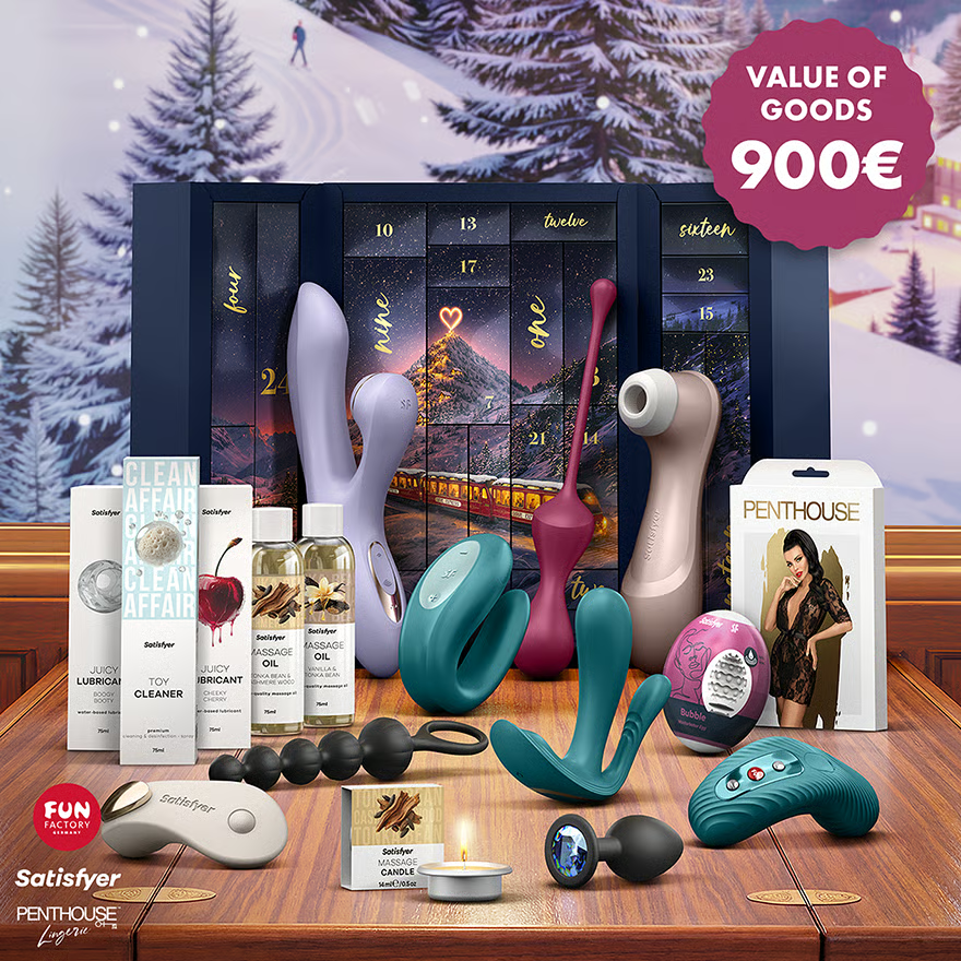 SATISFYER JOULUKALENTERI PREMIUM 2026 LOVE EXPRESS, joulukalenteri, sisältää yllätyksiä ja lahjoja joulun aikaan.