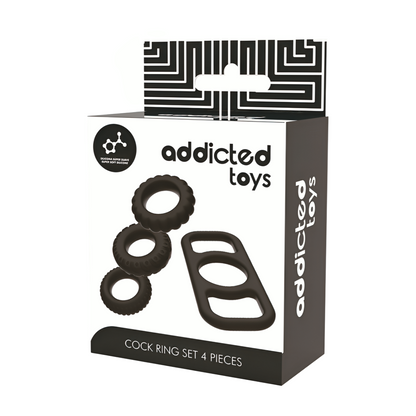 Neljä osainen ADDICTED TOYS penisrengassetti, eri kokoisia ja tyylejä lisäjännitykseen ja kestävyyteen.