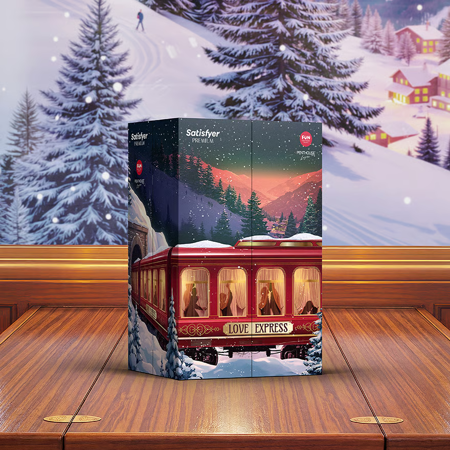 SATISFYER Joulukalenteri Premium 2026 Love Express, joulukalenteri, sisältää yllätyksiä ja pieniä lahjoja joulun aikaan.