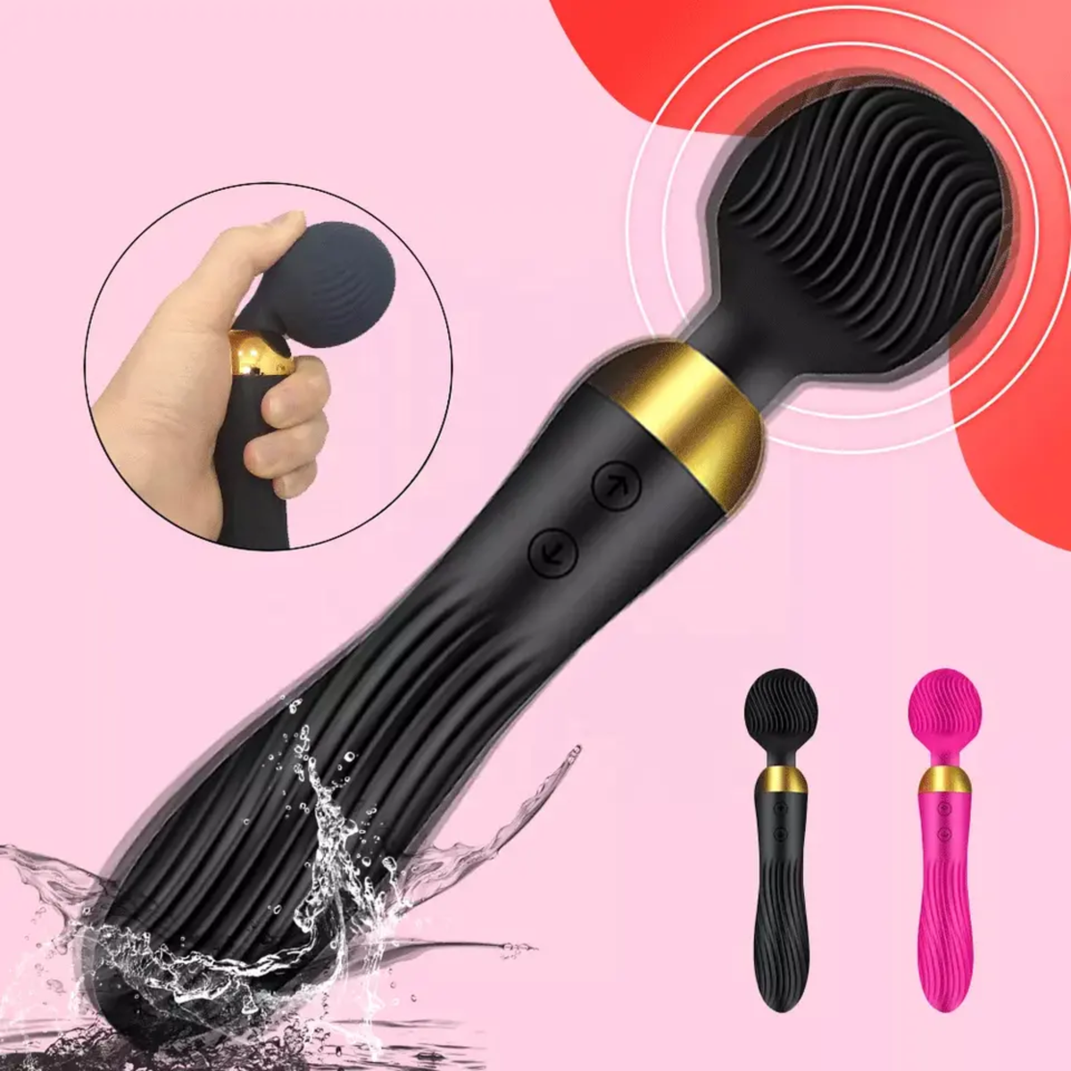 Pleasurez Powerwand vibraattori, musta ja kätevä, näkyy kuvassa, sopii nautinnolliseen käyttöön.
