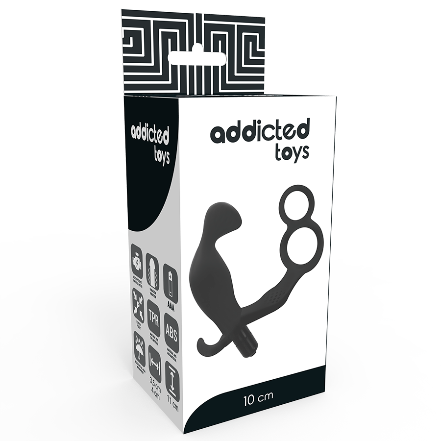 Addicted Toys anaalitappi ja penisrengas vibraattorina, musta ja elastinen, sopii erogeenisten alueiden stimulointiin.