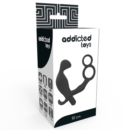 Addicted Toys anaalitappi ja penisrengas vibraattorina, musta ja elastinen, sopii erogeenisten alueiden stimulointiin.