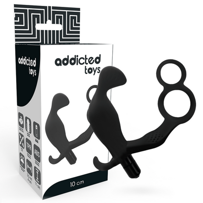 Addicted Toys - Anaalitappi penisrenkaalla vibraattorilla, musta silikoninen anaalitappi, joustava ja ergonominen käyttöön.