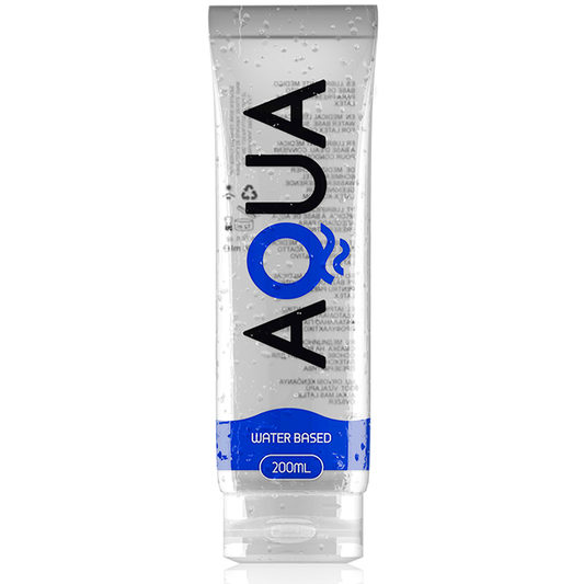 AQUA-liukuvoide 200ml, vesipitoinen liukuvoide, näkyvissä avoin pullo ja etiketti, luonnollisen kiiltävä pinta.