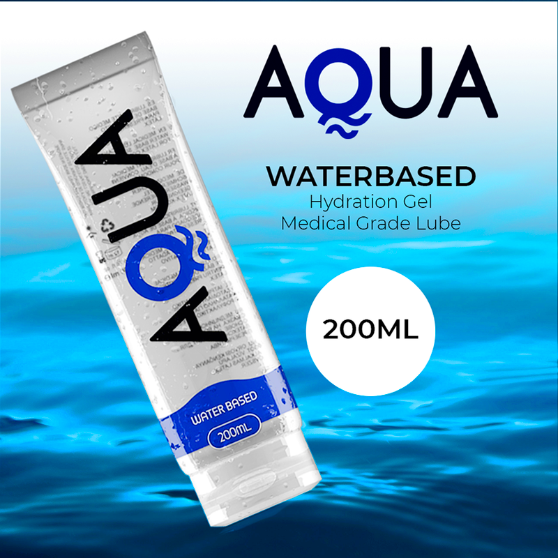 AQUA-liukuvoide 200ml, vesipohjainen liukuvoide, näkyvissä avattuna pullo ja etiketti, sopii intiimiin käyttöön.