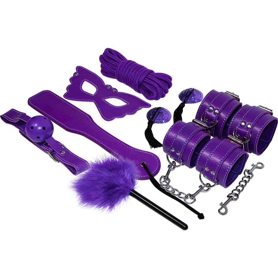 Violetti BDSM Fetissi-setti EXPERIENCE-merkkinen, sisältää rajoitus- ja sitomistarvikkeita BDSM-harjoituksiin.