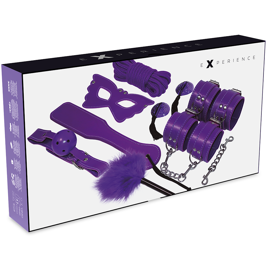 Violetti BDSM-Fetissisetti EXPERIENCE-merkkinen, sisältää naruja ja ranne- ja jalkakiinnityksiä BDSM-leikkeihin.