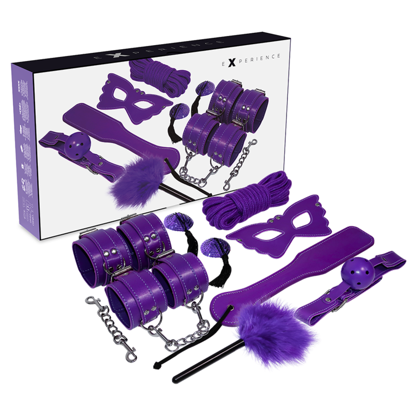 Violetti BDSM-fetissisetti EXPERIENCE-merkkinen, sisältää rajoitus- ja kiinnityselementtejä BDSM-harrastukseen.
