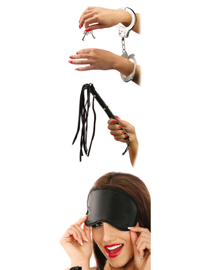 FETISH FANTASY SERIES BDSM bondage-setti, sisältää rihmoja ja sitomistarvikkeita, musta ja nahkainen seksilelu.