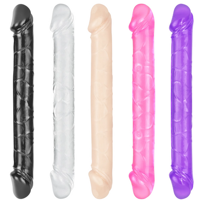 Kaksipäinen PLEASUREZ dildo, musta, realistinen muoto, kuvassa näkyvät yksityiskohdat ja tekstuuri.
