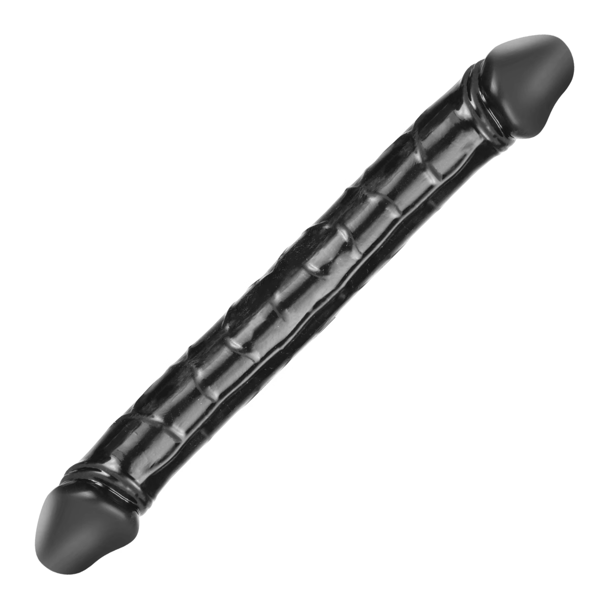 Mustan PLEASUREZ kaksipäinen dildo, realistinen dildo lelu, kuvassa näkyy yksityiskohdat ja muoto.
