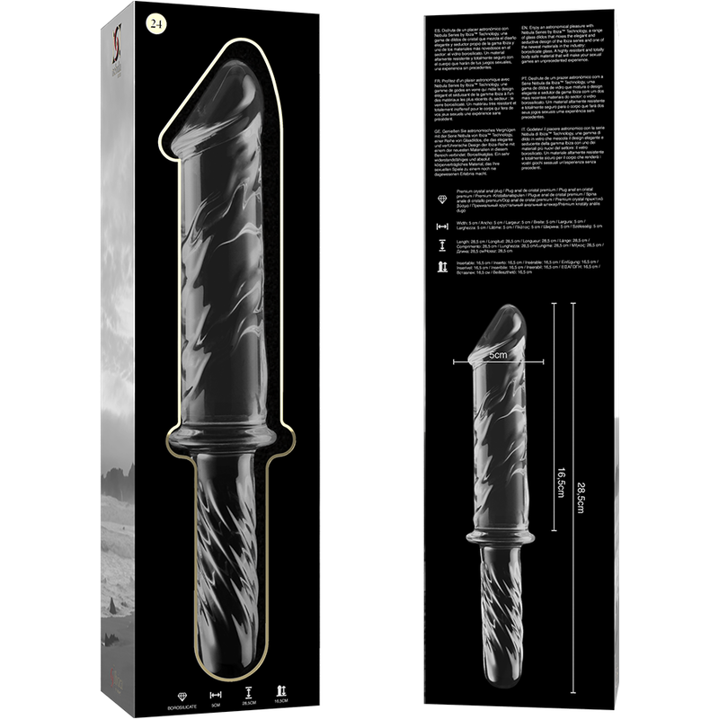 Lasinen NEBULA Dildo Nebula 24, tyylikäs ja kestävä dildo, näkyvissä yksityiskohtainen muoto ja kirkas lasipinta.