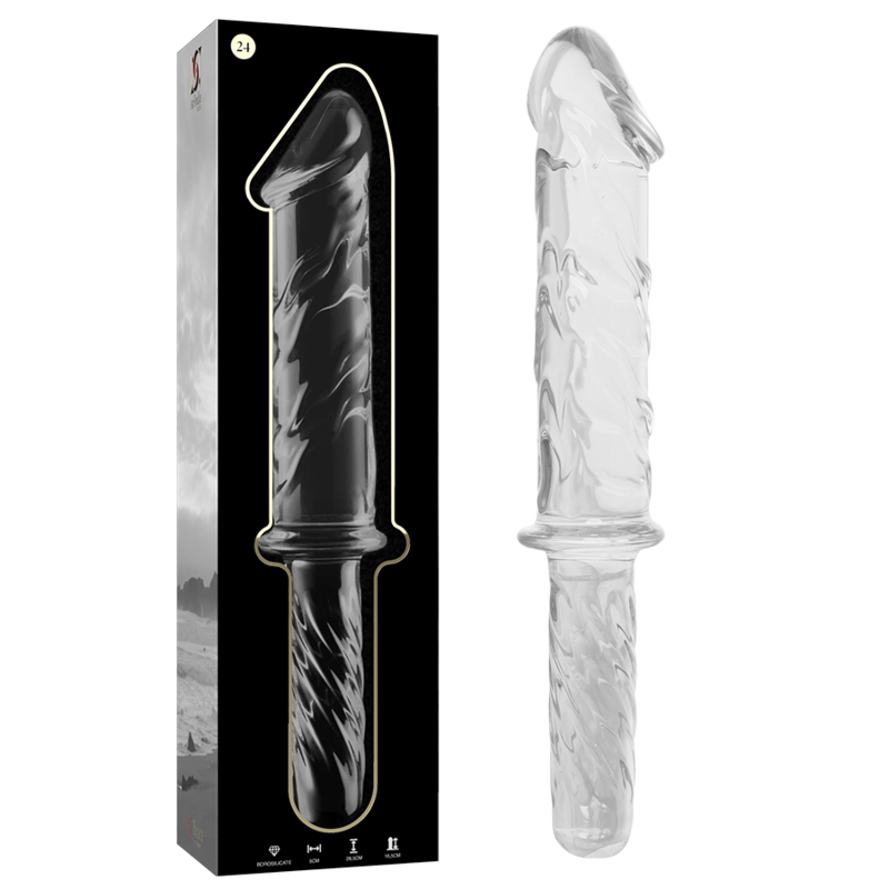 Lasinen NEBULA Dildo Nebula 24, tummansininen ja kiiltävä, pyöreä ja ergonominen dildo.
