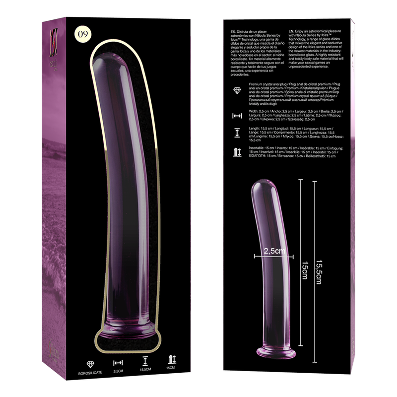 Lasinen NEBULA Dildo Nebula 9, tyylikäs ja virtaviivainen seksilelu, kuvassa selkeästi näkyvä luonnollinen muoto ja kirkas lasimateriaali.