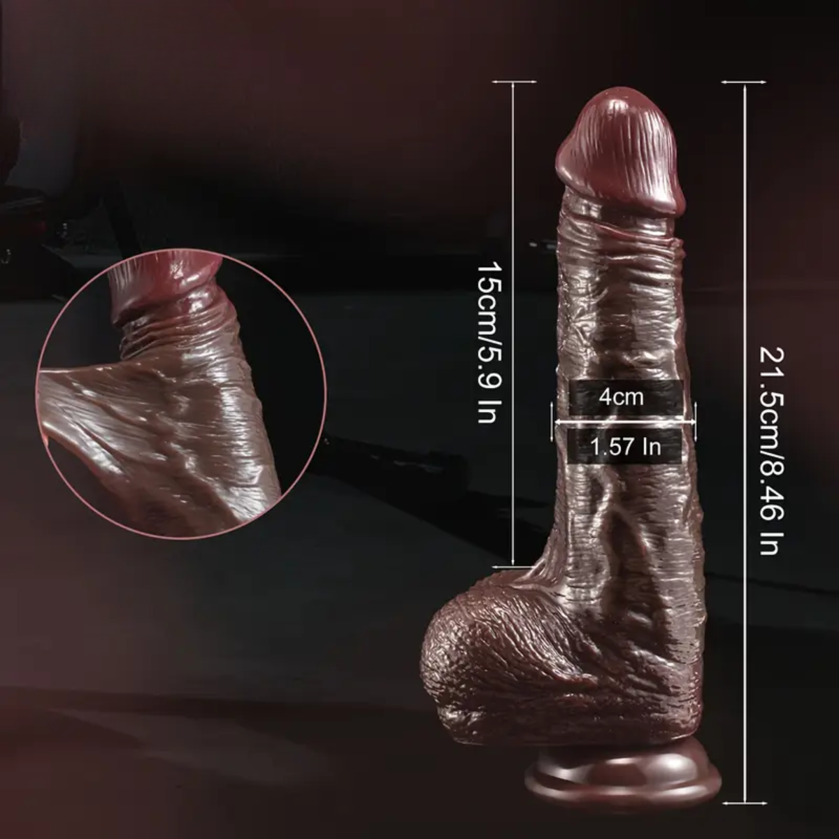 Liikkuva nahkainen dildo, musta, Pleasurez-merkkinen, realistinen muoto ja yksityiskohdat.