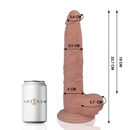 Intense-merkkinen dildo, 22,7 cm pitkä, realistinen muotoilu ja kiinteä tekstuuri, sopii aikuisille käyttöön.