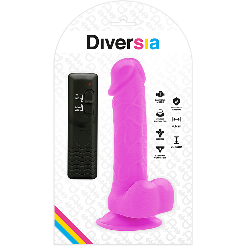 Violetti DIVERSIA dildo-vibraattori, pehmeä ja realistinen dildo, kuvassa näkyvässä muodossa ja tekstuurilla.