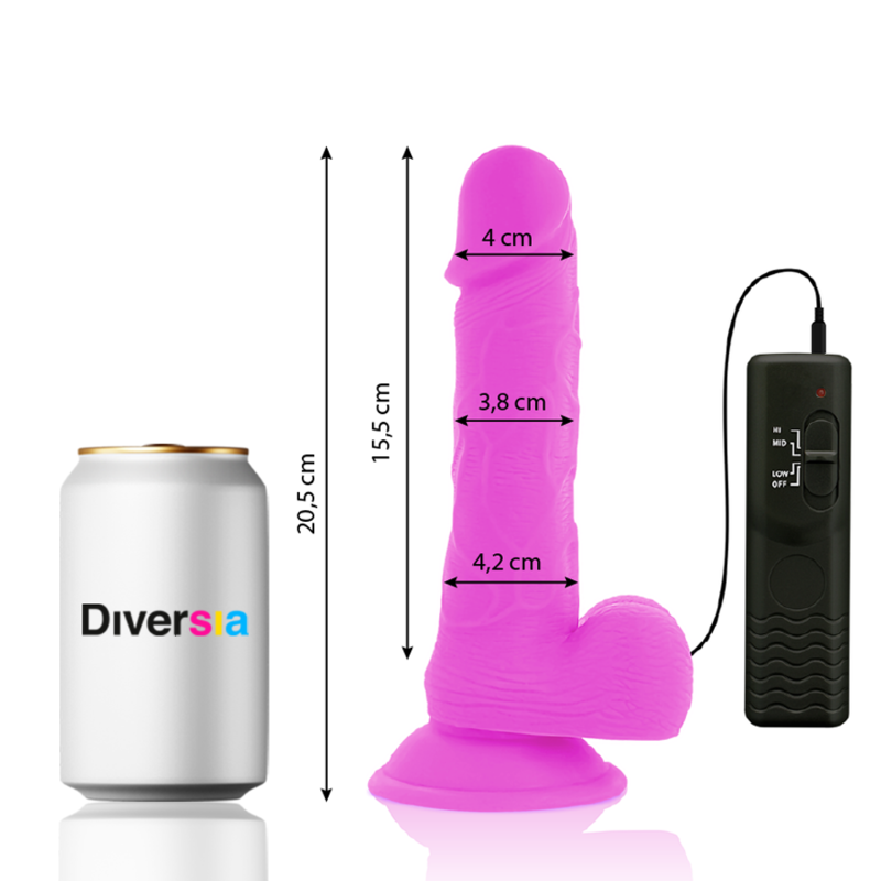 DIVERSIA-violetti dildo-vibraattori, pehmeä ja ergonominen, kuvassa näkyvässä violetissa värissä.