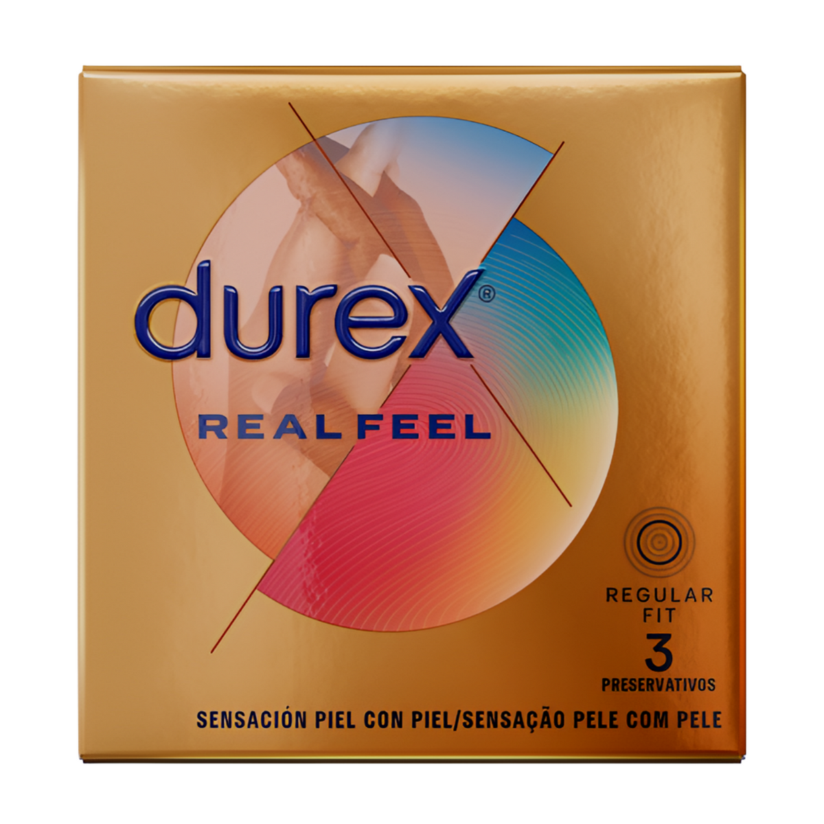 Durex RealFeel condom in packaging, featuring the Durex brand logo and product details on the wrapper.