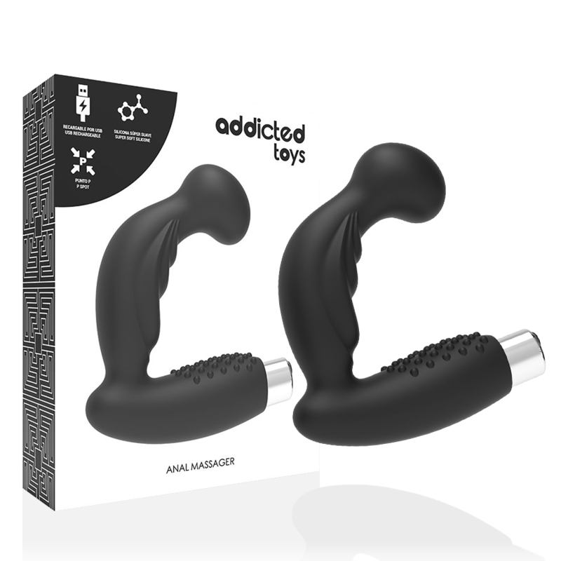 Addicted Toys - Eturauhasvibraattori, anaali käyttöön, pehmeä ja joustava materiaali, esillä kuvassa.