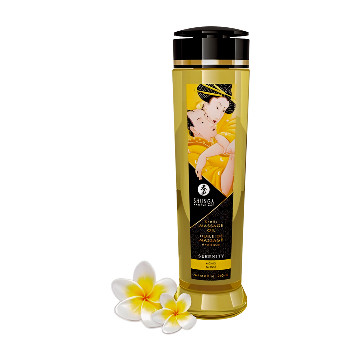Shunga Monoi hierontaöljy 240 ml, luonnollinen ja silkkinen liukuvoide, sopii rentouttavaan hierontaan.