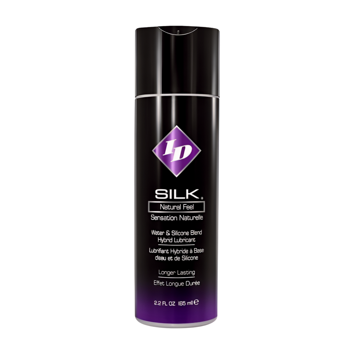 ID LUBRICANTS ID SILK 65ml liukuvoide, läpinäkyvä pullo ja etiketti, kuva liukuvoiteesta ja tuotteen pakkauksesta