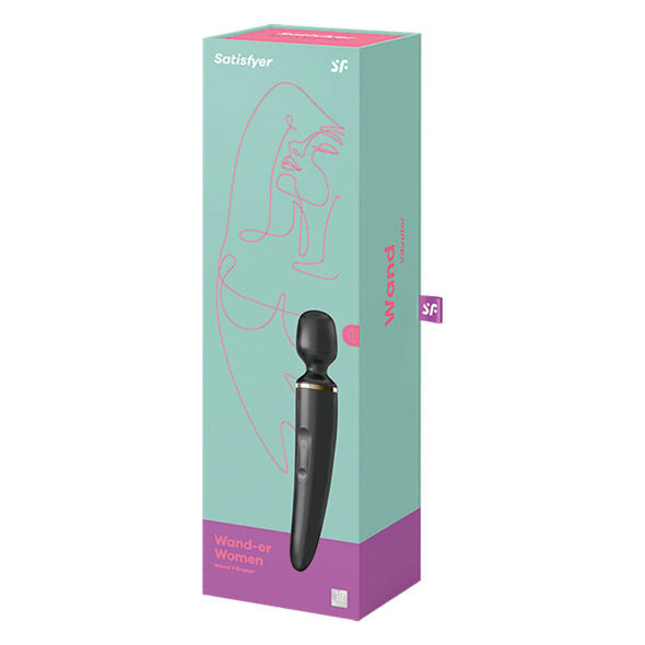 SATISFYER Wand Vibrator, a black personal vibrator with ergonomic design for targeted stimulation, shown in close-up.