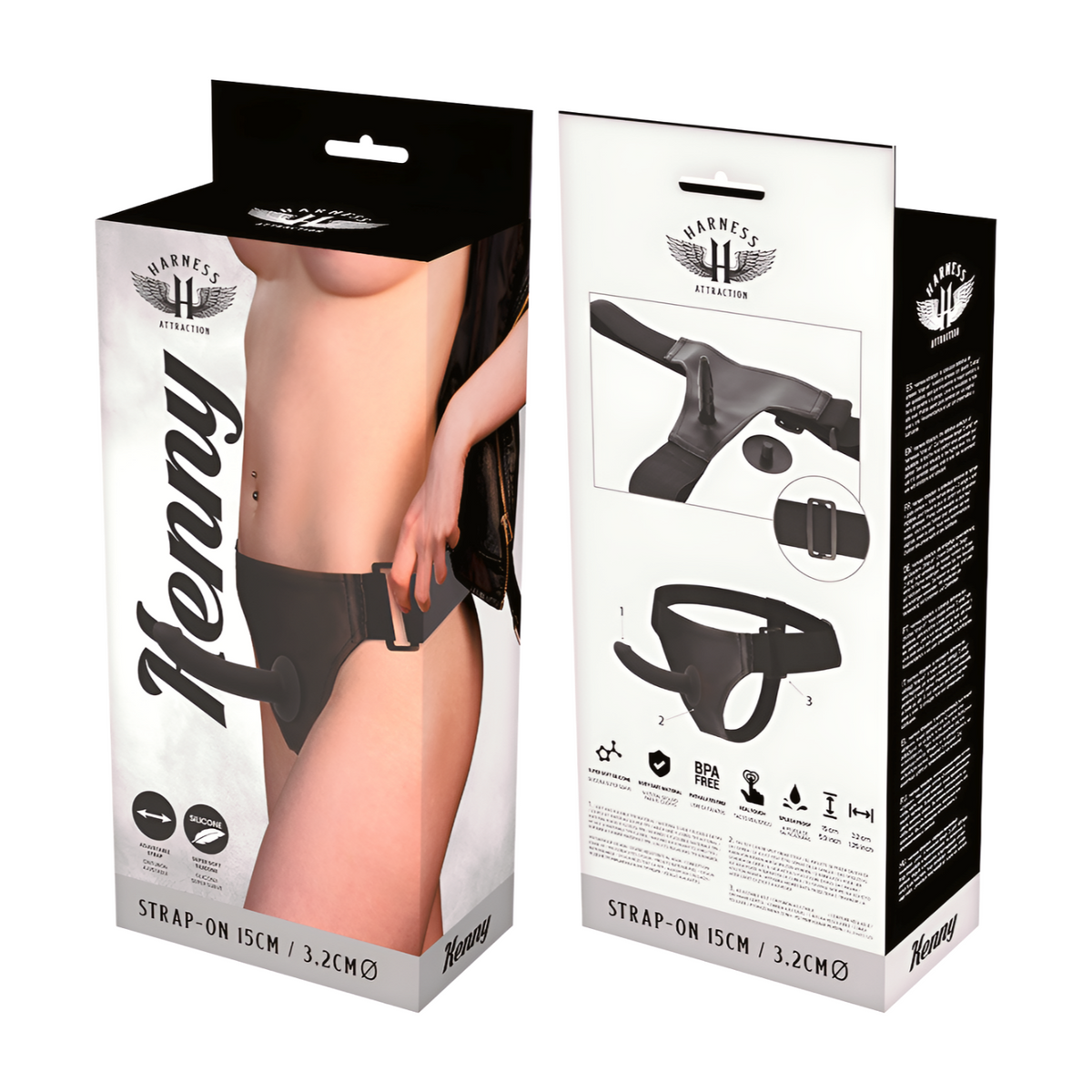 Naisten seksilelu, HARNESS ATTRACTION Strap-on Kenny 15cm, musta kestävä hihna ja dildo, realistinen muoto.