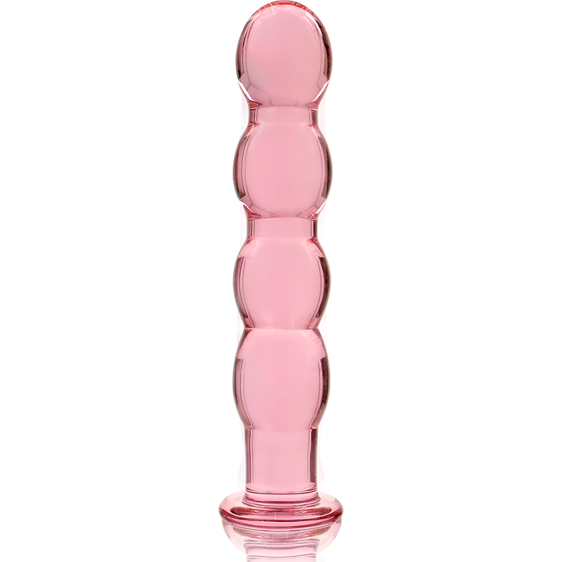 Lasinen NEBULA Dildo Nebula 10, pinkki dildo, selkeästi muotoiltu ja kiiltävä lasinen lelu.