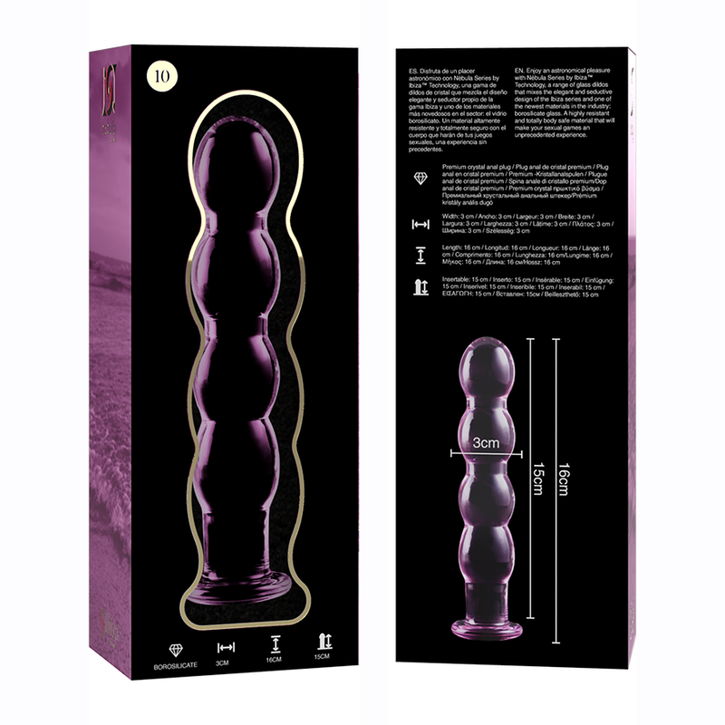 Lasinen NEBULA Dildo Nebula 10 pinkki, kirkas ja sileä dildo, erikoislasinen materiaali ja tyylikäs muoto.