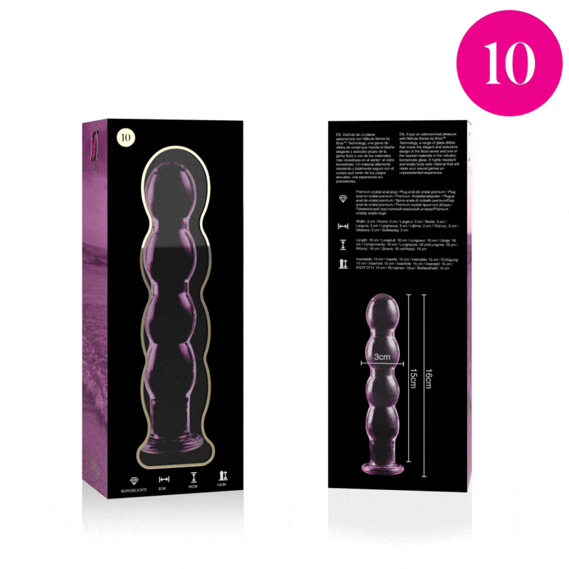 Lasinen NEBULA Dildo Nebula 10, pinkki dildo, kirkas lasinen materiaali, yksityiskohtainen muotoil undecoratiivista.