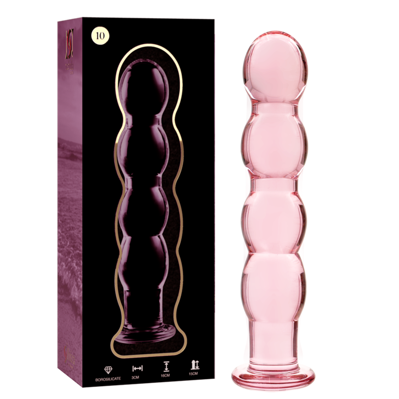 Lasinen NEBULA Dildo Nebula 10, vaaleanpunainen dildo, näkyvissä yksityiskohdat ja kirkas lasipinta.