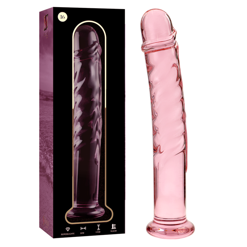 Lasinen NEBULA Dildo Nebula 16, tyylikäs ja aistikas dildo, näkyvissä kirkas ja muotoiltu lasinen rakenne.