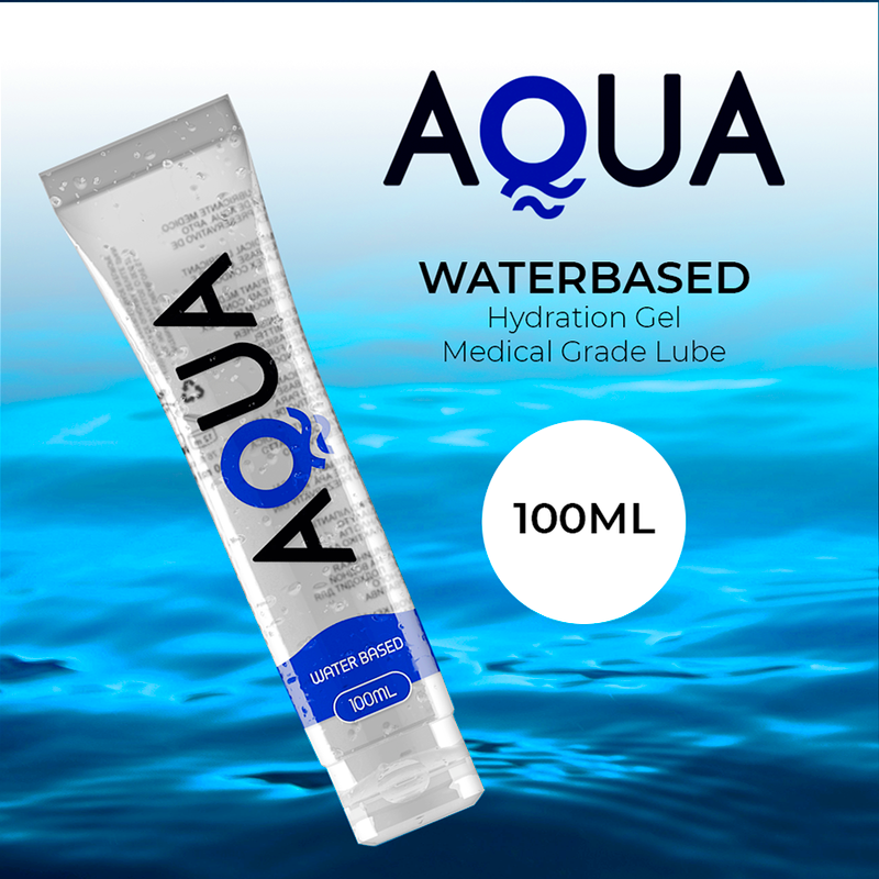 AQUA-liukuvoide 100 ml, vesipohjainen liukuvoide, näkyvissä avattu pullo ja sisältöä kuvaava pakkauksen etuosa.