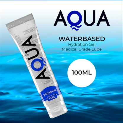 AQUA-liukuvoide 100 ml, vesipohjainen liukuvoide, näkyvissä avattu pullo ja sisältöä kuvaava pakkauksen etuosa.