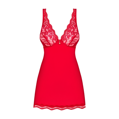 Punainen BABYDOLL LUVAE alusvaate, kaarituet ja helmi-stringit, OBSESSIVE-brändi, naisellinen ja houkutteleva design.