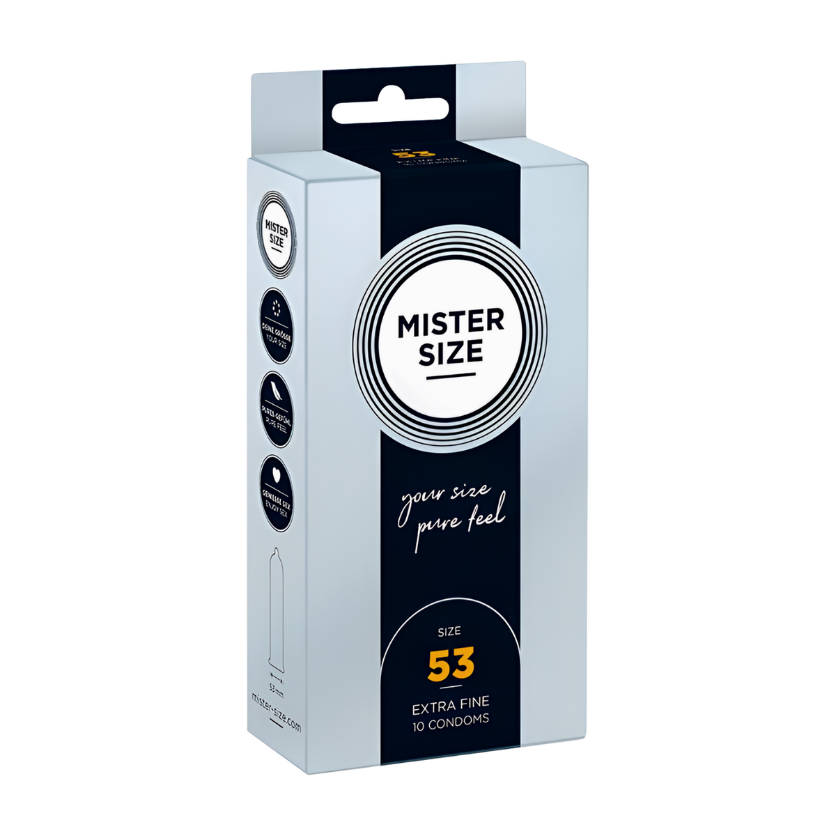 Kondomit MR SIZE Mister Size 53, koko M, silkinpehmeä ja joustava lateksikondomi, pakkauksessa yksi kondomi.