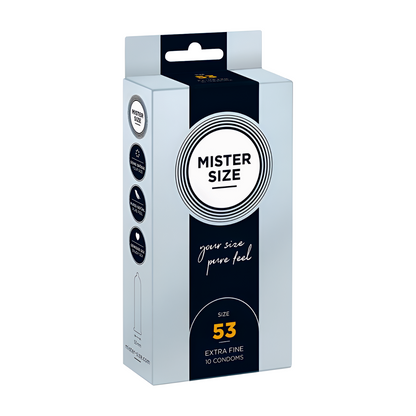 Kondomit MR SIZE Mister Size 53, koko M, silkinpehmeä ja joustava lateksikondomi, pakkauksessa yksi kondomi.