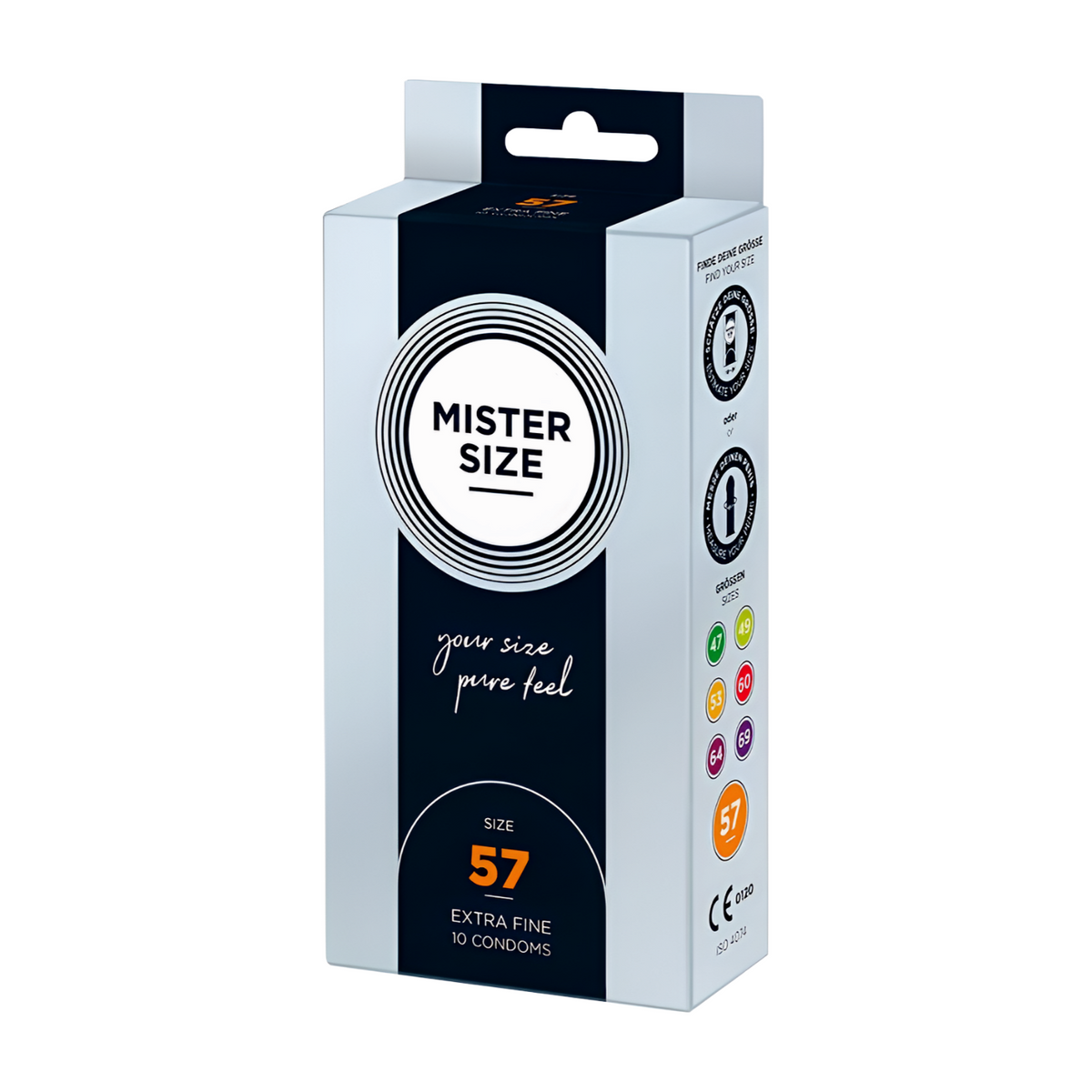 Mister Size 57 kondomit, M-koko, MR Size - laadukkaat kondomit näkyvissä.