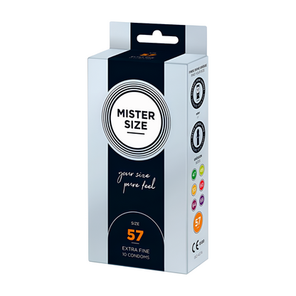 Mister Size 57 kondomit, M-koko, MR Size - laadukkaat kondomit näkyvissä.