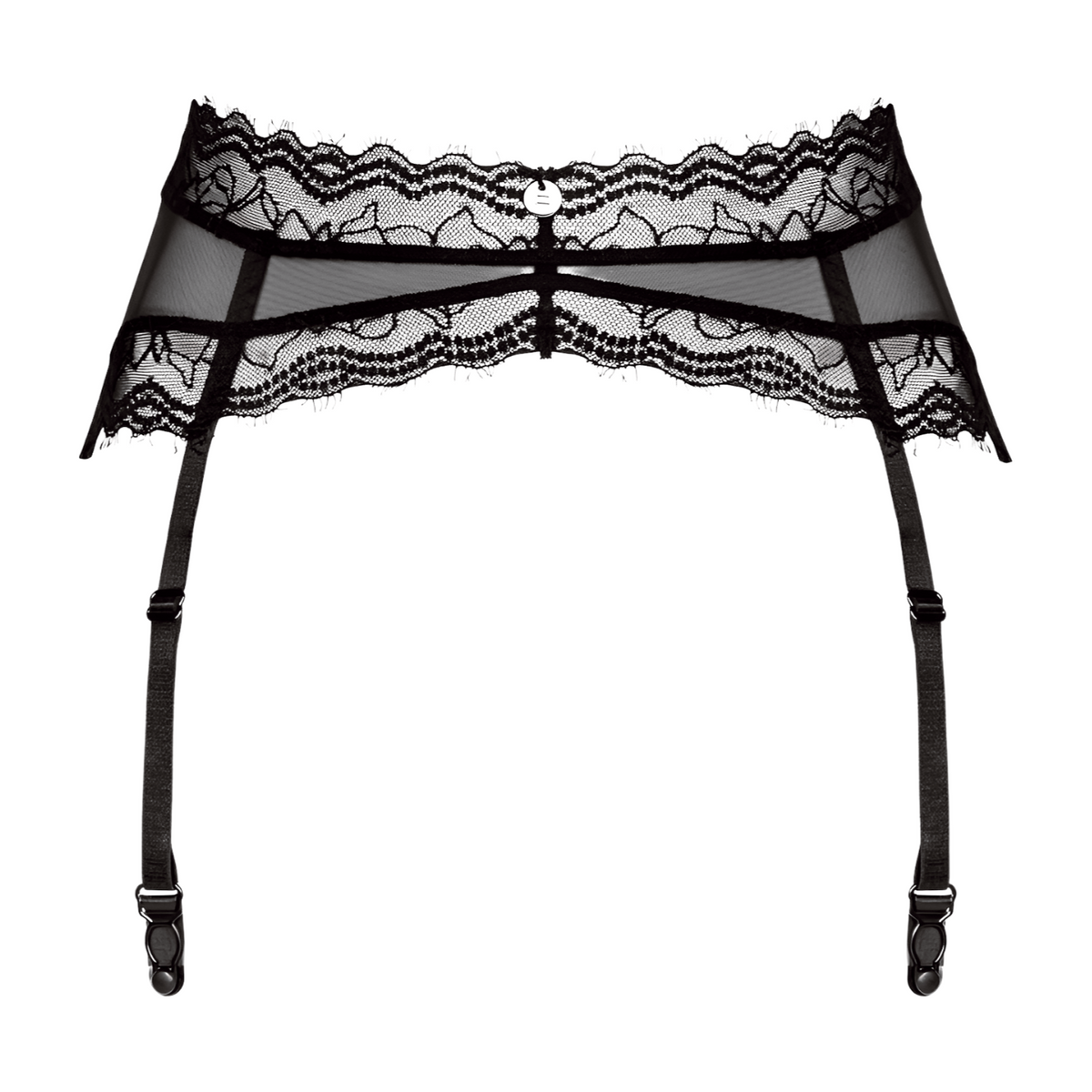 Mustan pitsinen sukkanaula- ja alusvaatteiden setti Obsessive-merkkiseltä, elegantti tyyli ja sopii XS-kokoiselle.