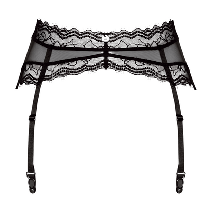 Mustan pitsinen sukkanaula- ja alusvaatteiden setti Obsessive-merkkiseltä, elegantti tyyli ja sopii XS-kokoiselle.