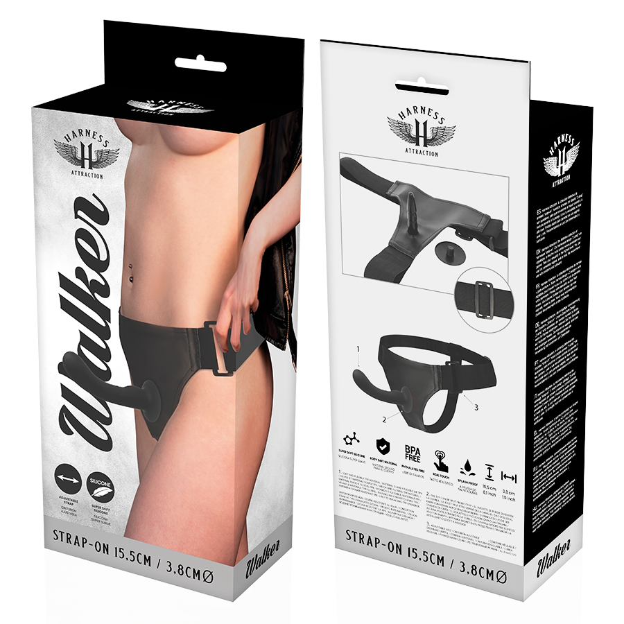 Musta Strap-On Walker 15,5 cm naisten seksilelu HARNESS ATTRACTION -käyttöön, elastinen ja tukeva strap-on-harness.