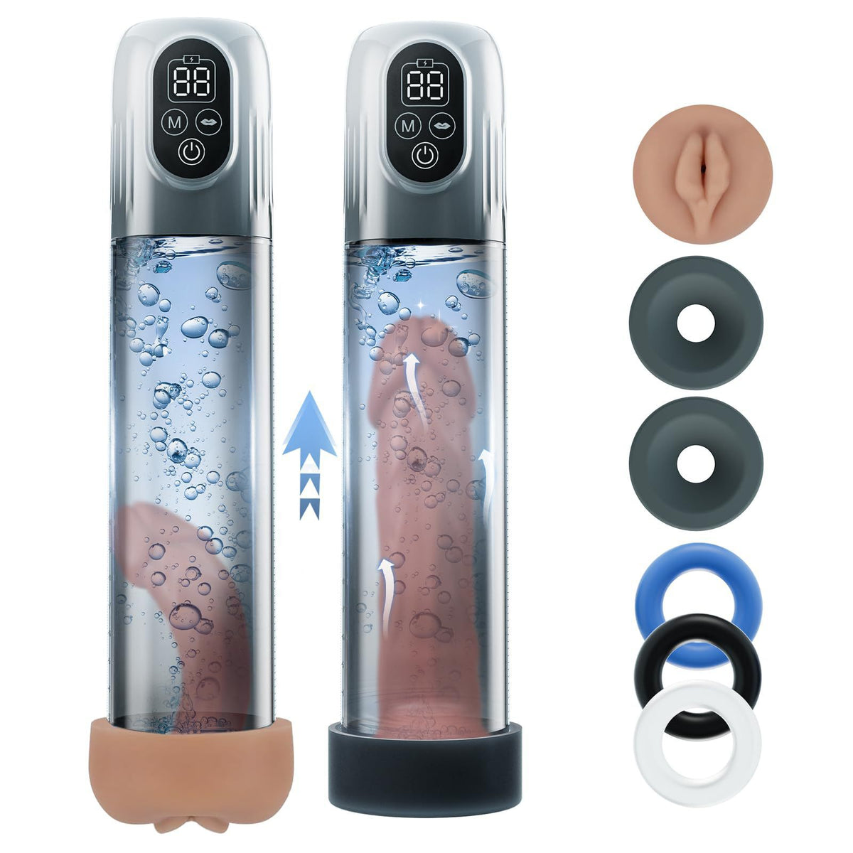Automatic penis pump by PLEASUREZ, a men's sex toy designed for enhancement, shown with clear view of the device.