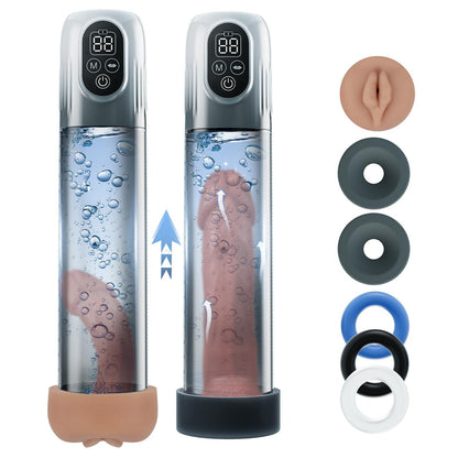 Automatic penis pump by PLEASUREZ, a men's sex toy designed for enhancement, shown with clear view of the device.