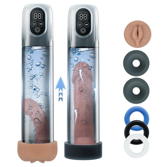 Automatic penis pump by PLEASUREZ, a men's sex toy designed for enhancement, shown with clear view of the device.