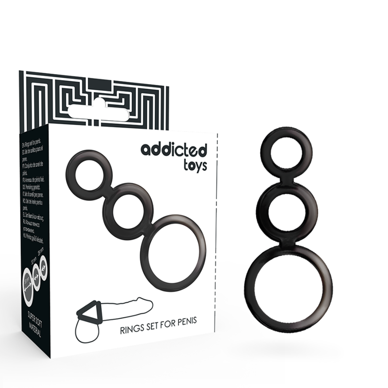 Musta penisrenkaiden setti ADDICTED TOYS, sisältää eri kokoisia penisrenkaita seksuaalisen nautinnon lisäämiseksi.