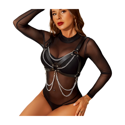 SUBBLIME BDSM rintakettinki harness alusvaatteet, ketjuilla ja one size -koko, musta ja kevyt design.
