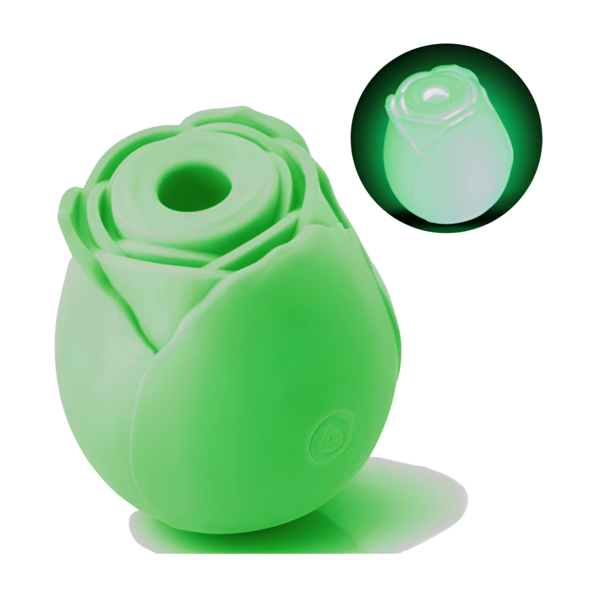 Pleasurez RUUSU VIBRAATTORI DARK GLOW, a sleek white women's vibrator with a rose design and glowing features.